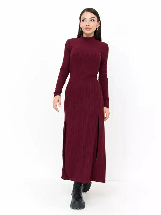 Burgundy Velvet Edge Midi Dress with ribbed knit, high neckline, and dual thigh-high slits, perfect for elegant occasions.