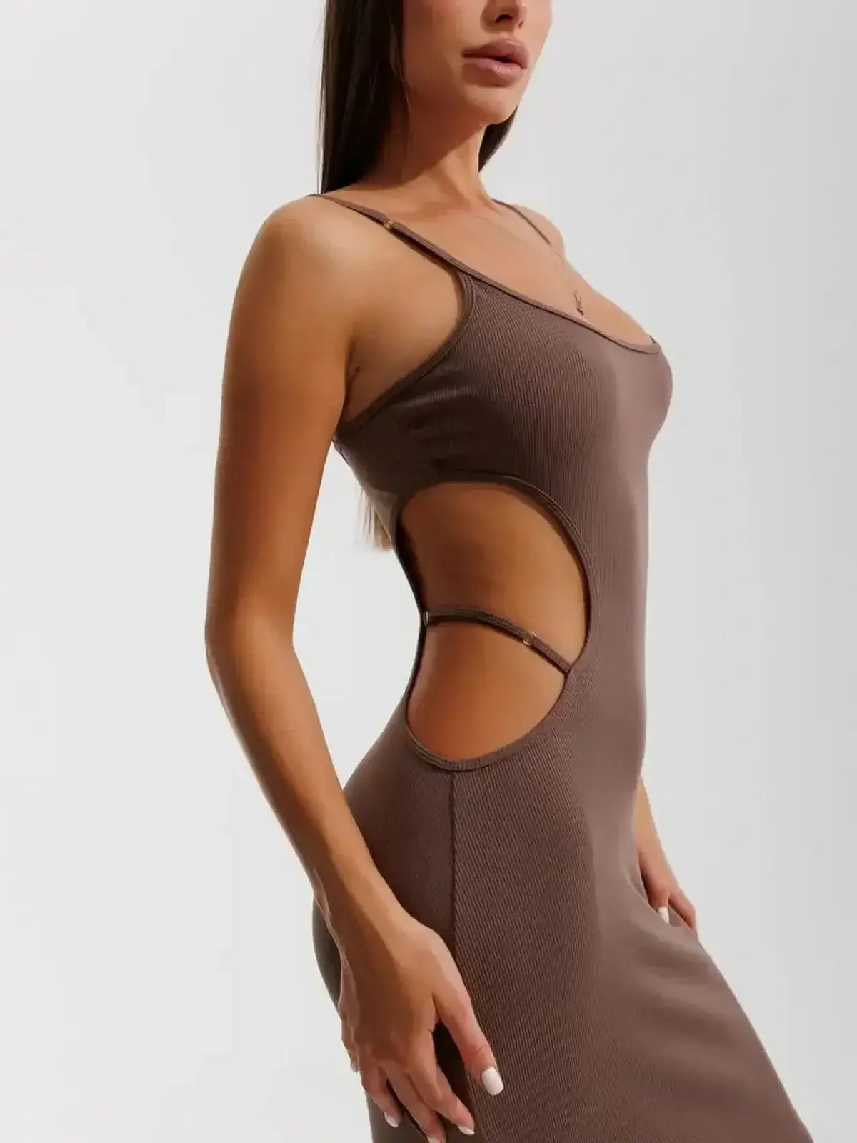 Obsidian Curve Midi Dress featuring side cut-outs, showcasing elegant bodycon design for weddings, proms, and special occasions.