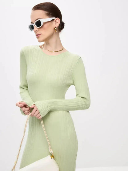 Celery Luxe Maxi Dress in light green, showcasing a sculpted fit with long sleeves and elegant style for women.