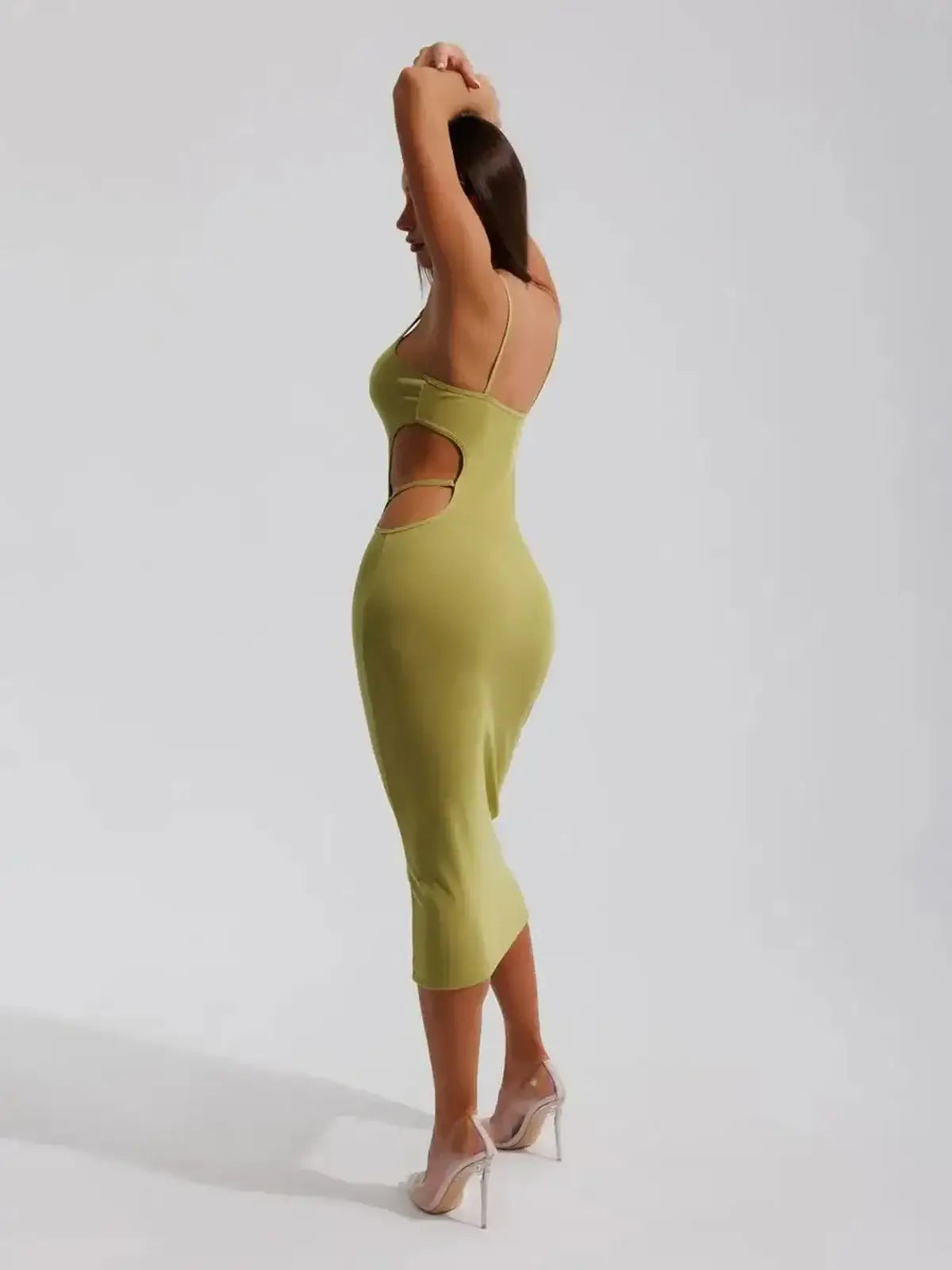 Sculpt Cutout Midi Dress in pistachio, featuring sleek rib knit and side cut-outs, perfect for summer events and weddings.