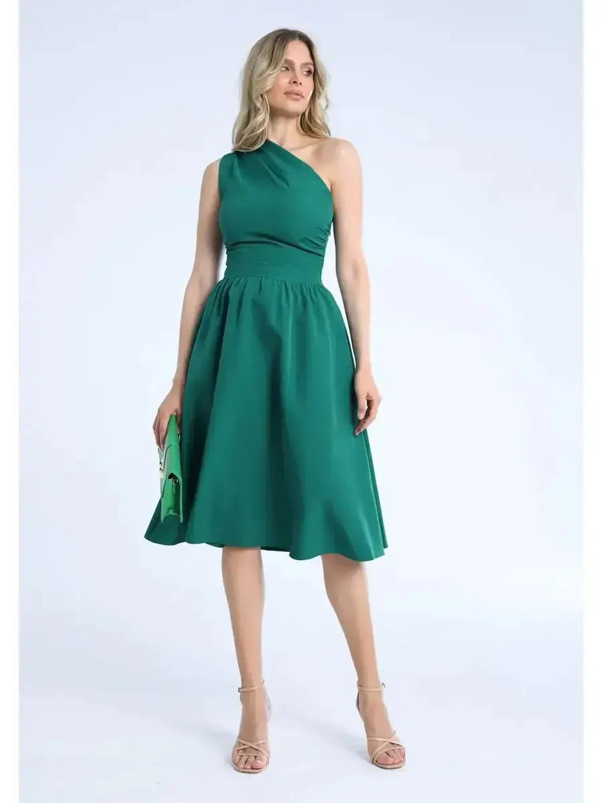 Emerald Grace Midi Dress featuring a one-shoulder design, perfect for weddings, proms, and special occasions.