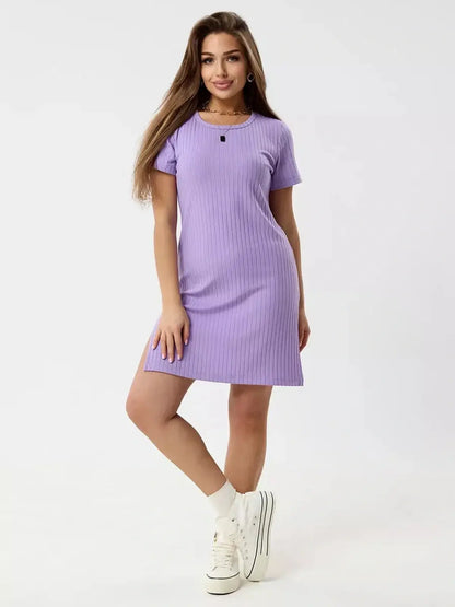 Lilac Ripple mini dress with ribbed knit texture, round neckline, and short sleeves for a stylish summer look.