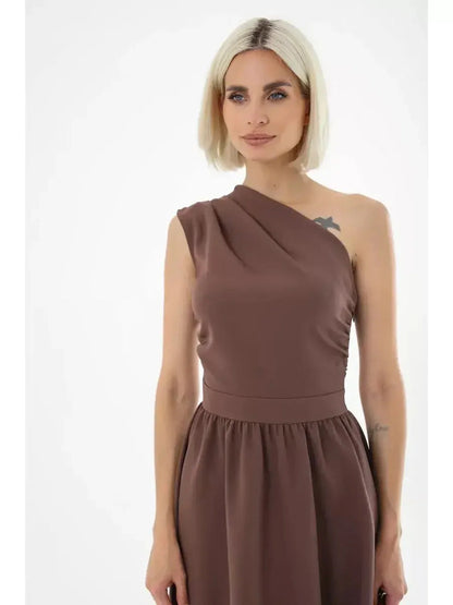 Chic one-shoulder Solace Midi Dress in chocolate brown, perfect for weddings, parties, and elegant occasions.