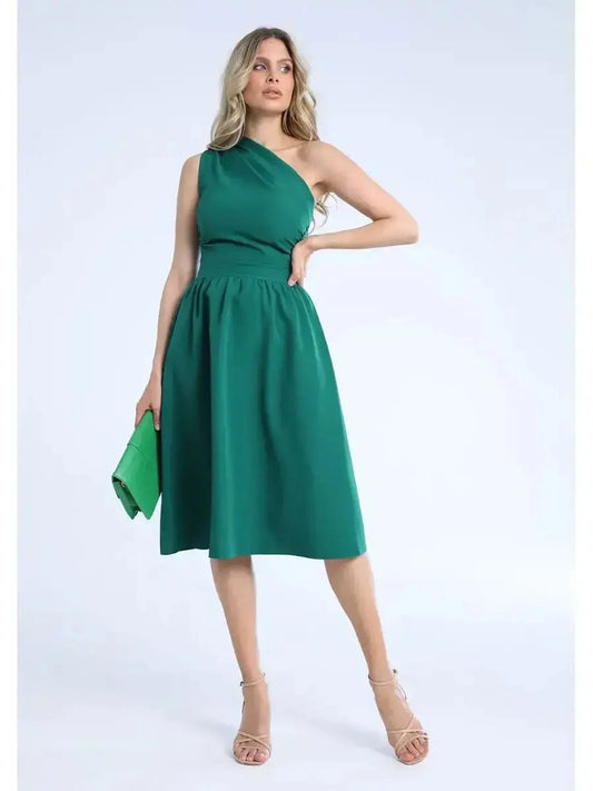 Emerald Grace Midi Dress, one-shoulder style, perfect for weddings, brunches, and formal events, featuring a flared midi-length skirt.