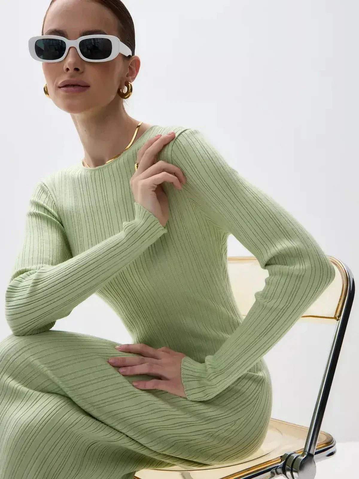 Celery Luxe Maxi Dress showcasing a sculpted ribbed fit, elegant long sleeves, perfect for summer and special occasions.