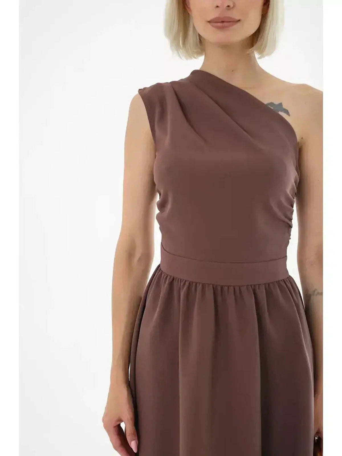One-shoulder chocolate brown Solace Midi Dress featuring a flattering silhouette, perfect for weddings and summer parties.