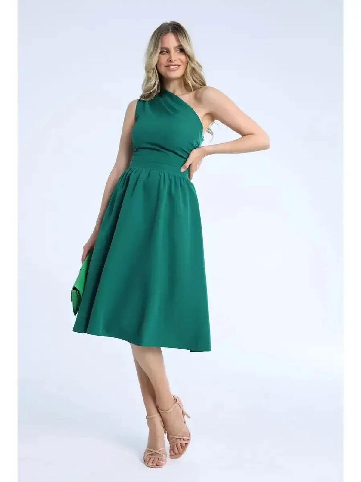 Emerald Grace Midi Dress featuring a one-shoulder design, perfect for weddings, cocktail events, and special occasions.