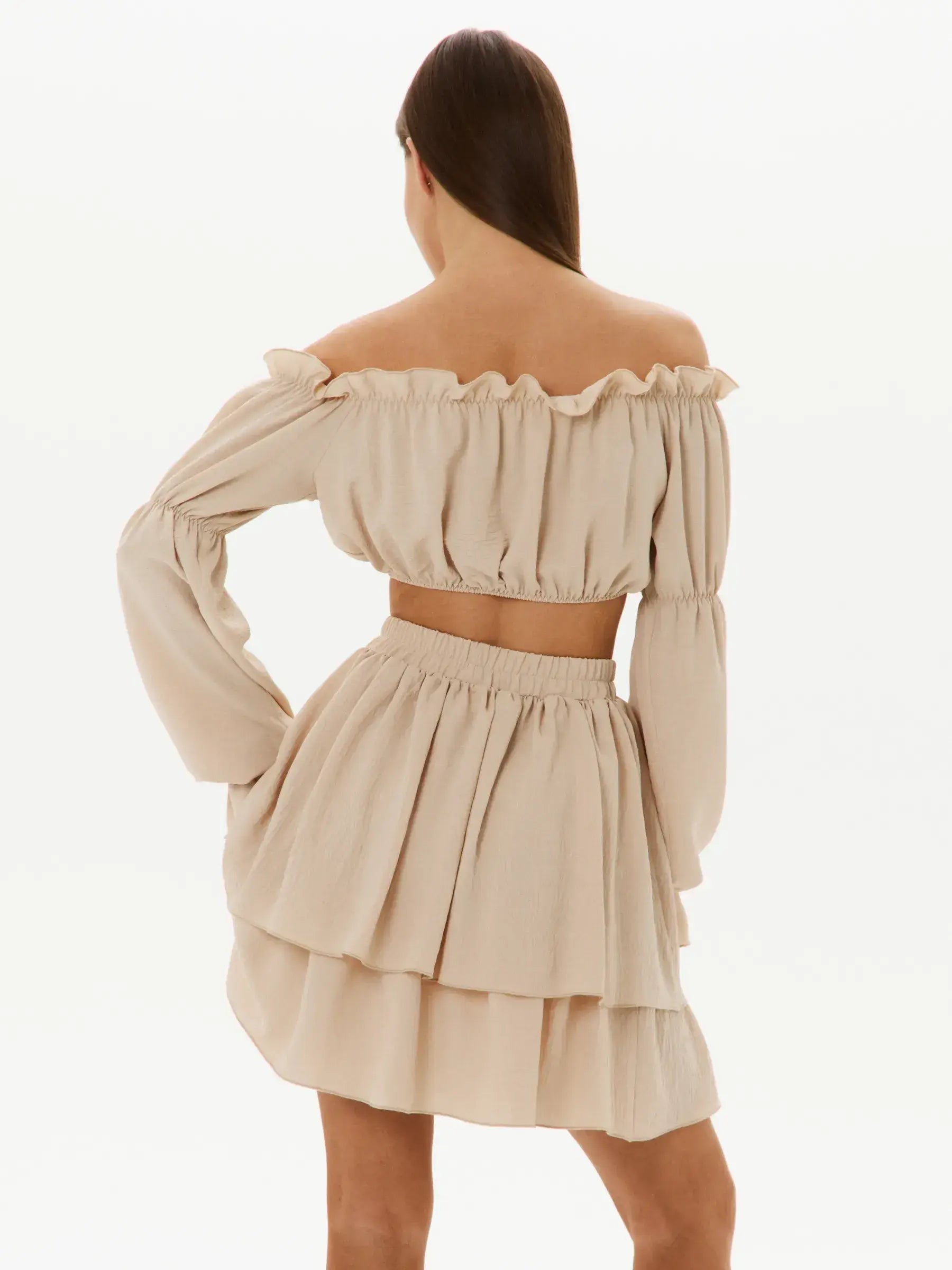 Ruffle Breeze Set - Off-Shoulder Crop Top and Tiered Skirt in lightweight beige fabric, perfect summer outfit.