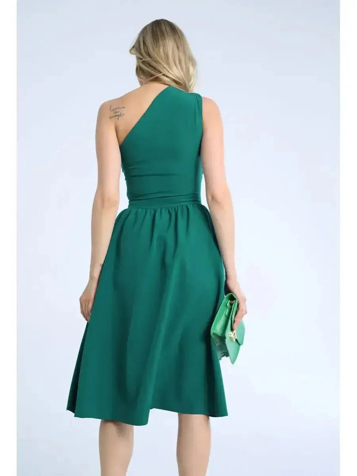 Emerald Grace Midi Dress featuring a chic one-shoulder design, perfect for weddings, cocktail events, and formal occasions.