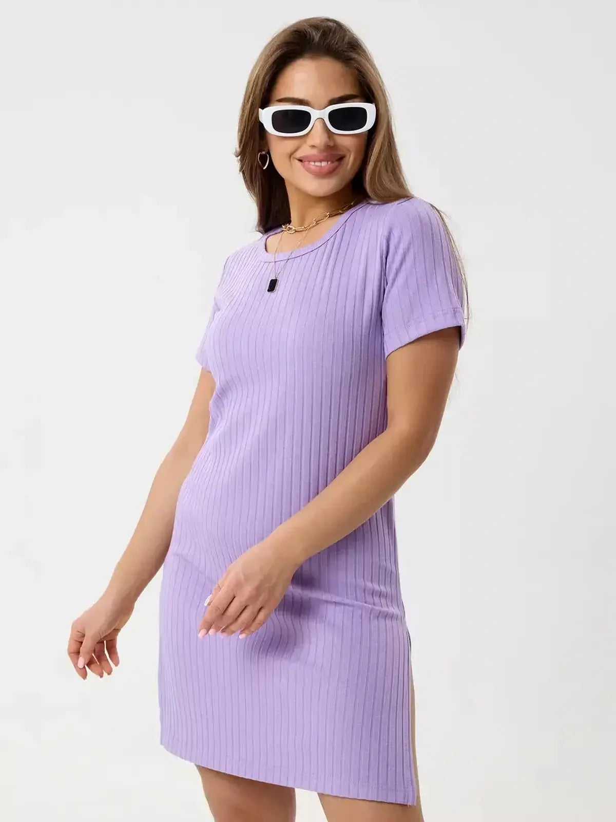 Lilac Ripple mini dress in lightweight ribbed knit, perfect for summer occasions and stylish women.