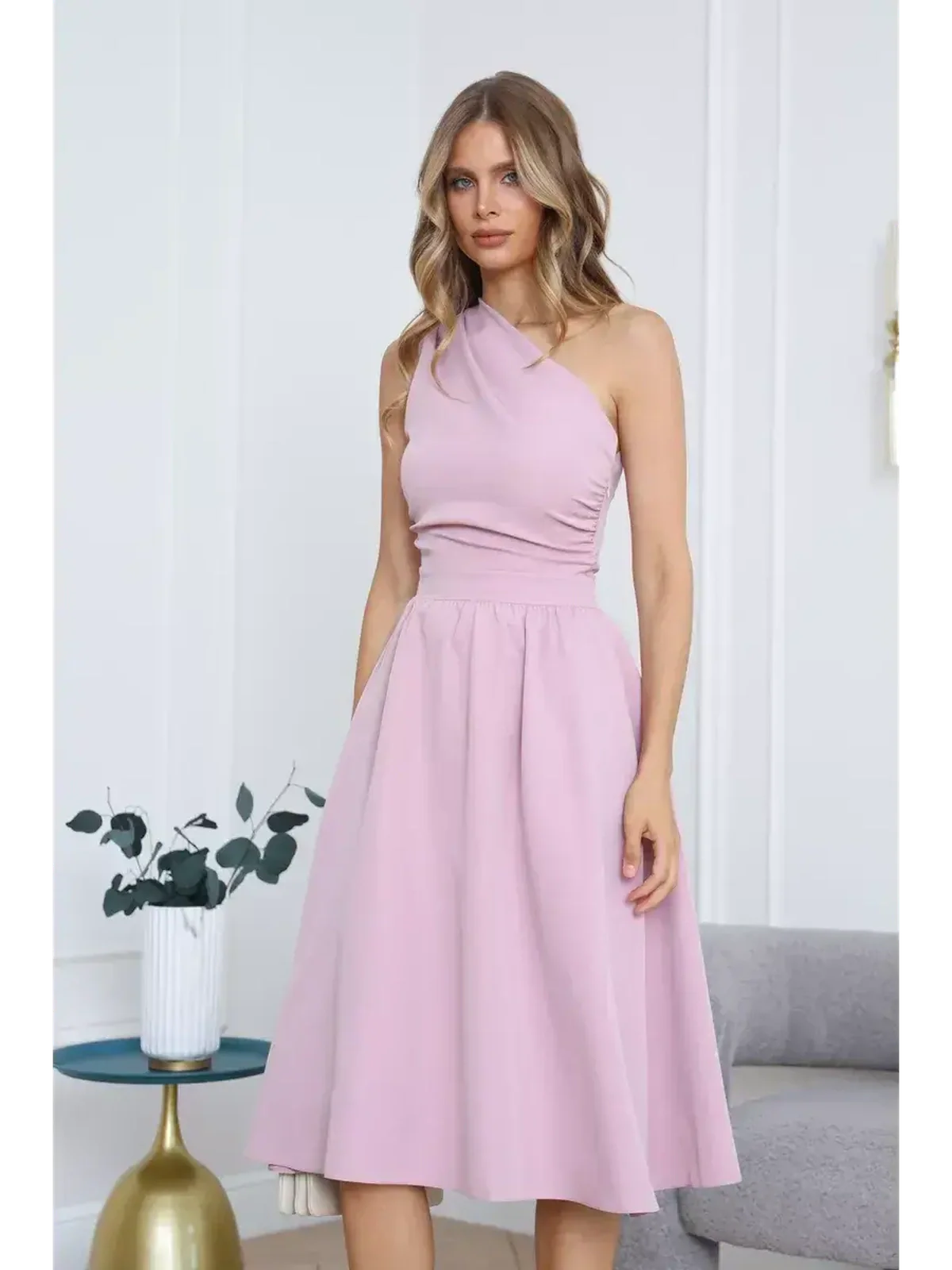 Blush Grace Midi Dress featuring a flattering one-shoulder design and A-line skirt, perfect for weddings and formal events.