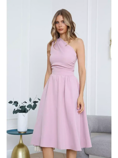 Blush Grace Midi Dress featuring a flattering one-shoulder design and A-line skirt, perfect for weddings and formal events.