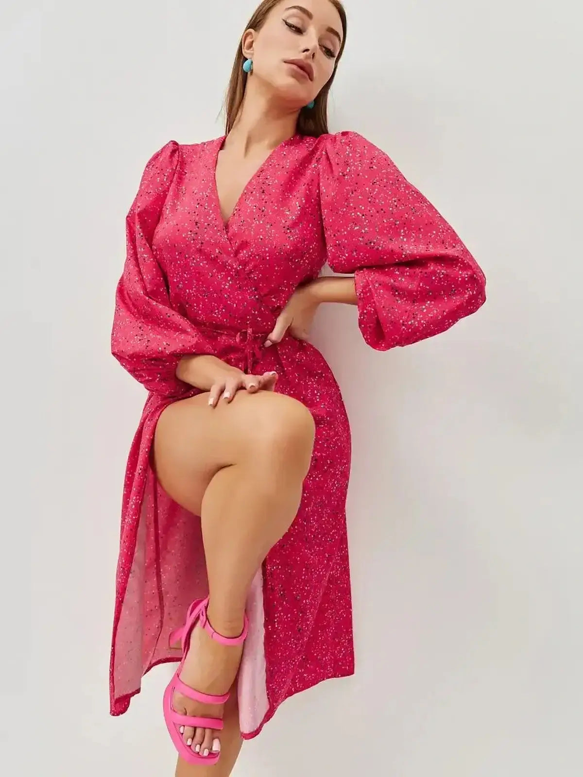 Vibrant pink Confetti Bloom Midi Dress with playful print, ideal for weddings and summer parties.