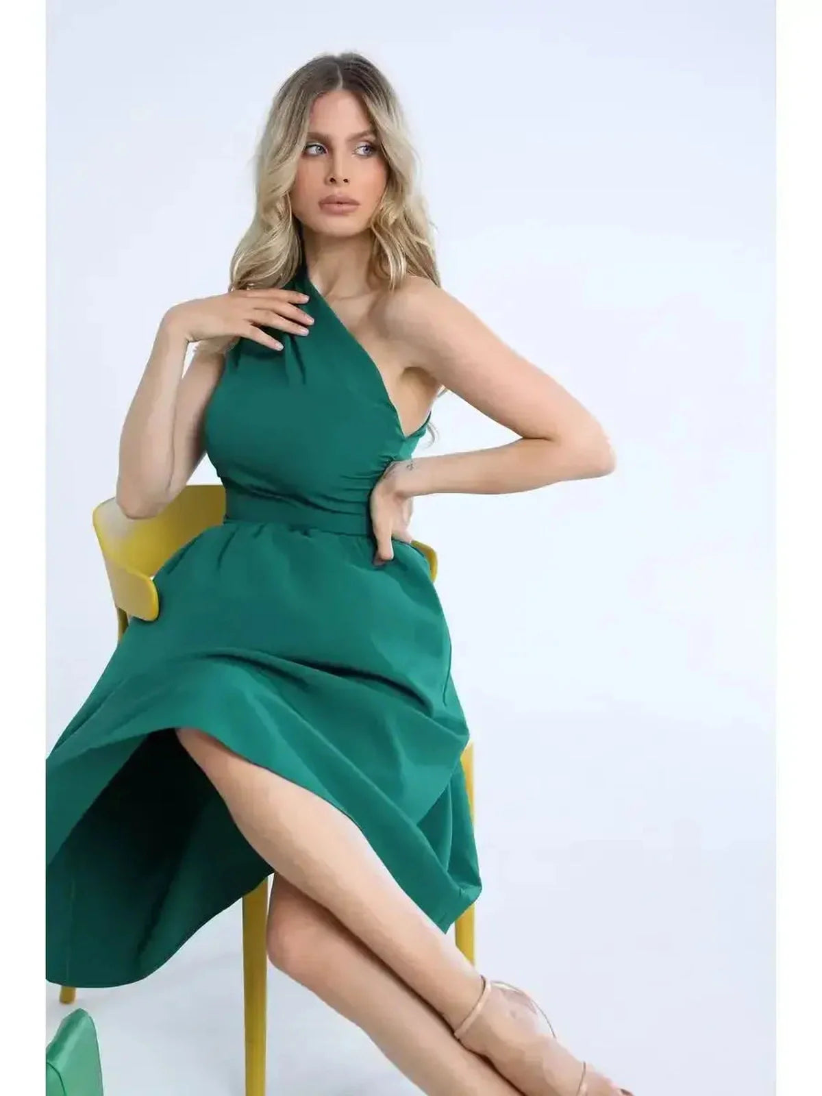 Emerald Grace Midi Dress featuring a one-shoulder silhouette, perfect for weddings and special occasions.