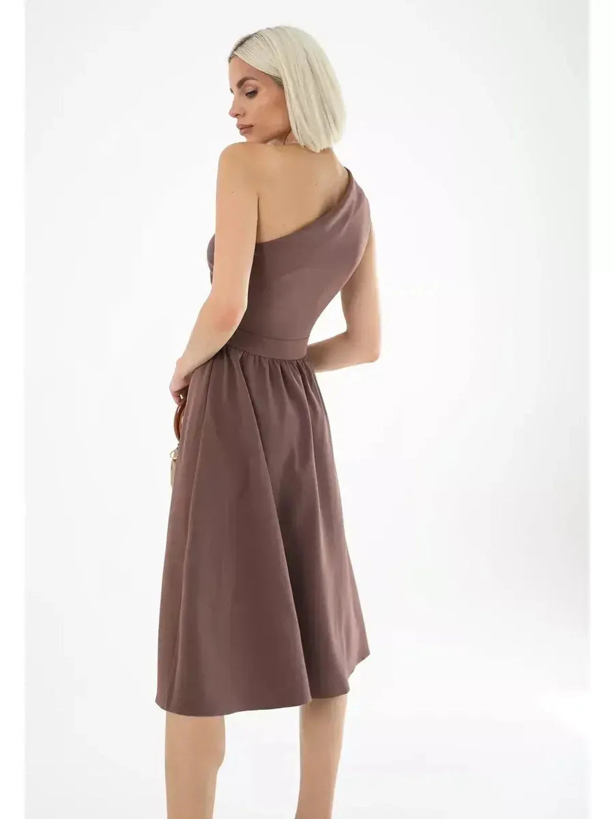Elegant one-shoulder chocolate brown midi dress, perfect for weddings, prom, and summer parties.