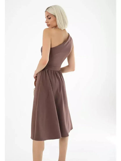 Elegant one-shoulder chocolate brown midi dress, perfect for weddings, prom, and summer parties.