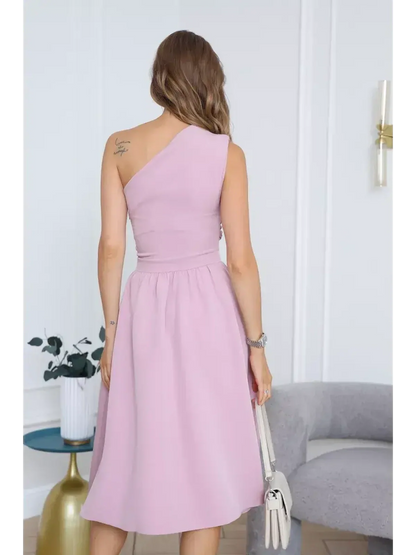 Blush Grace Midi Dress showcased from the back, featuring an elegant one-shoulder design and flowing A-line skirt.