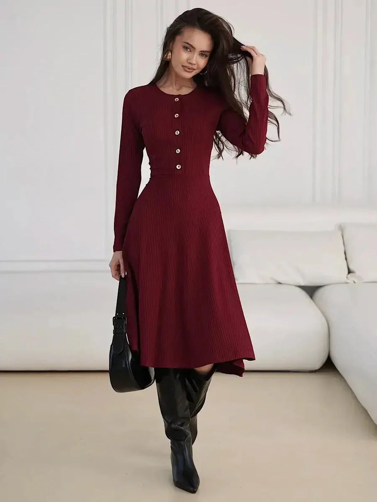 Crimson Grace Midi Dress in burgundy with gold button detail, perfect for wedding guest, prom, or formal occasions.