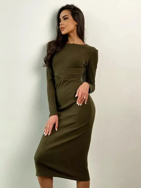 Verona Midi Dress in olive green, showcasing a flattering ribbed knit design and body-skimming silhouette.