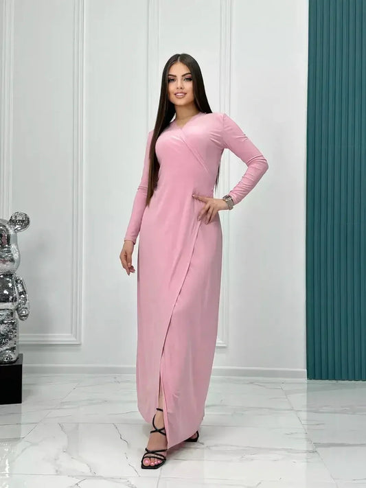 Elegant pink Eclipse Maxi Dress with long sleeves, wrap silhouette, perfect for weddings, parties, and formal occasions.