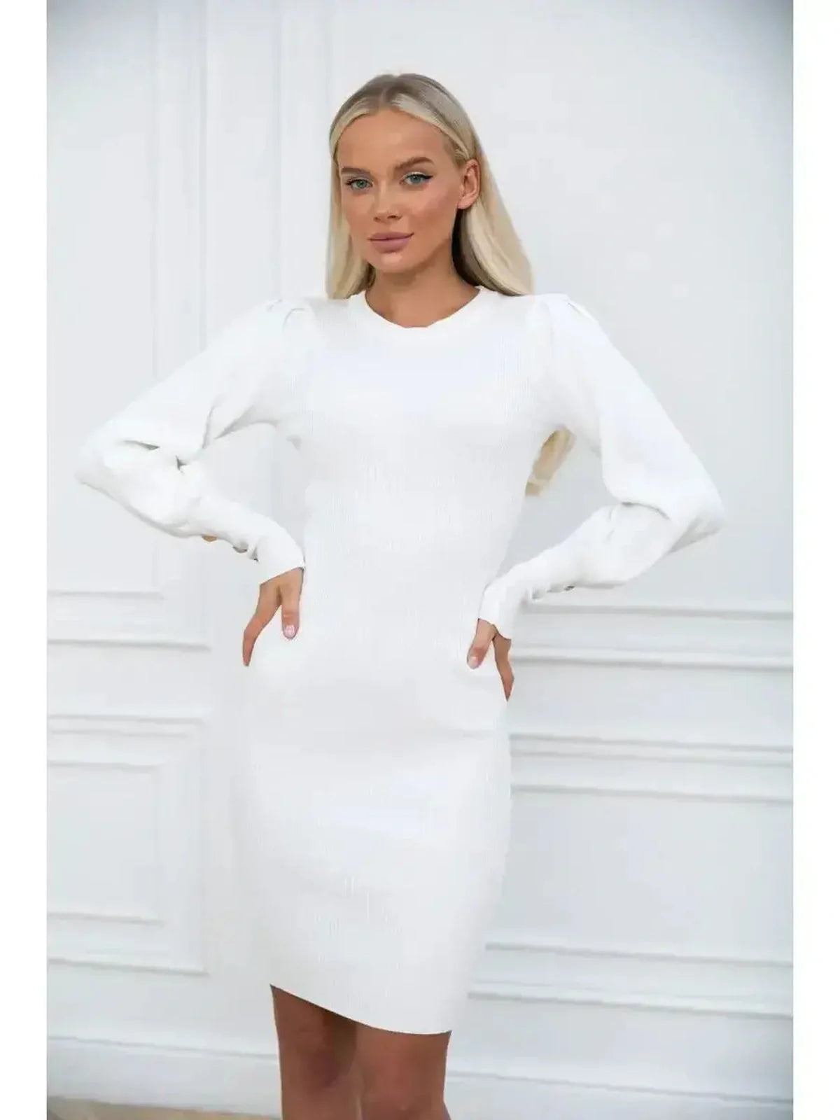 Elegant white mini dress with voluminous sleeves, perfect for weddings, proms, and formal occasions.