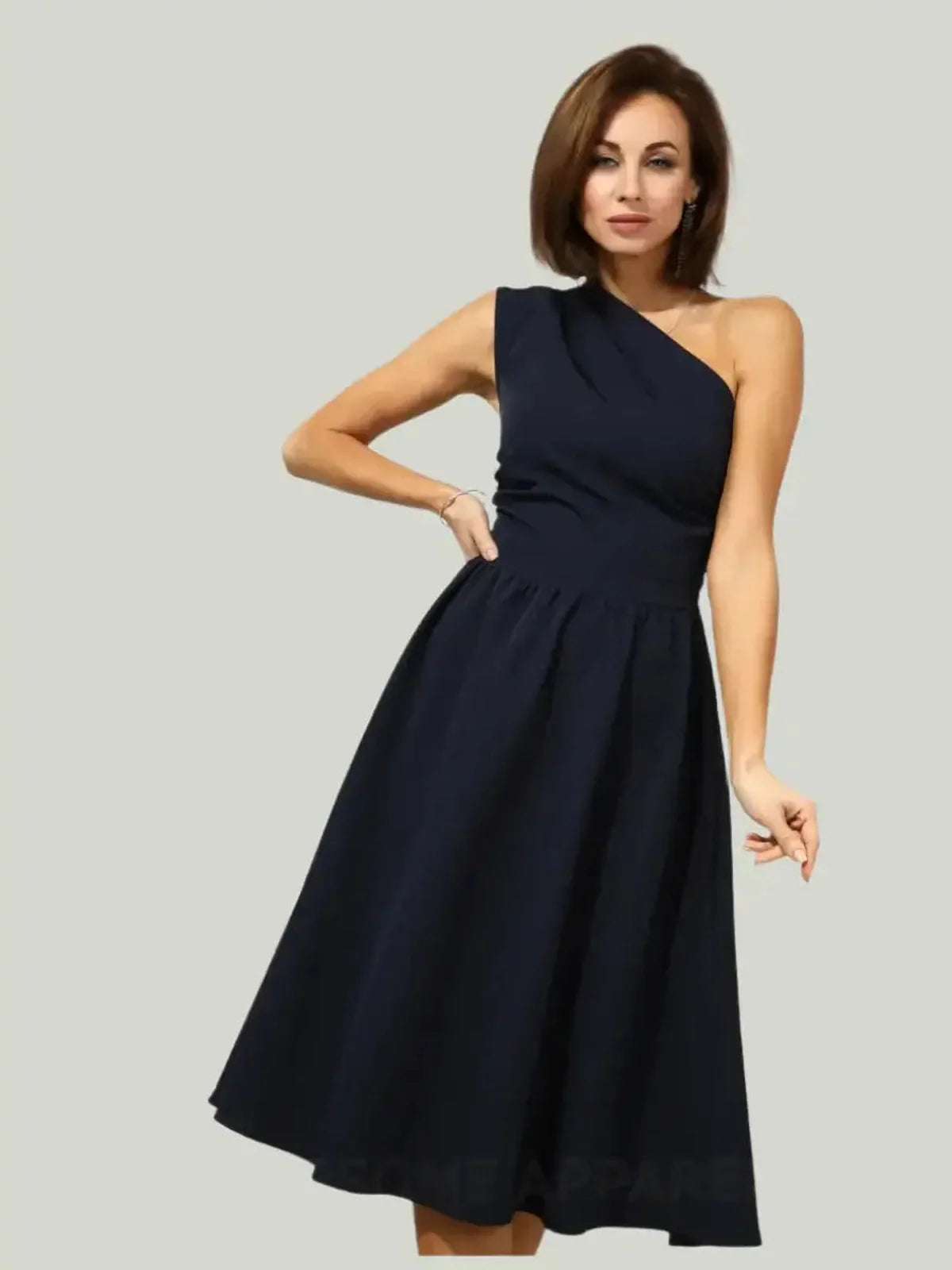 Sculpted Grace Midi Dress in dark navy, one-shoulder design, flared silhouette, perfect for wedding guest and formal events.