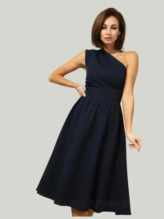 Sculpted Grace Midi Dress in dark navy, one-shoulder design, flared silhouette, perfect for wedding guest and formal events.