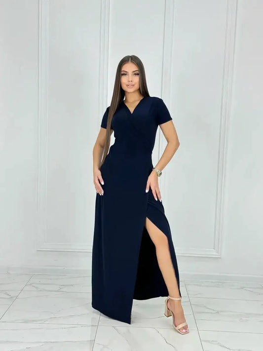 Eclipse Maxi Dress featuring a sleek wrap bodice and side slit, perfect for summer events and formal gatherings.