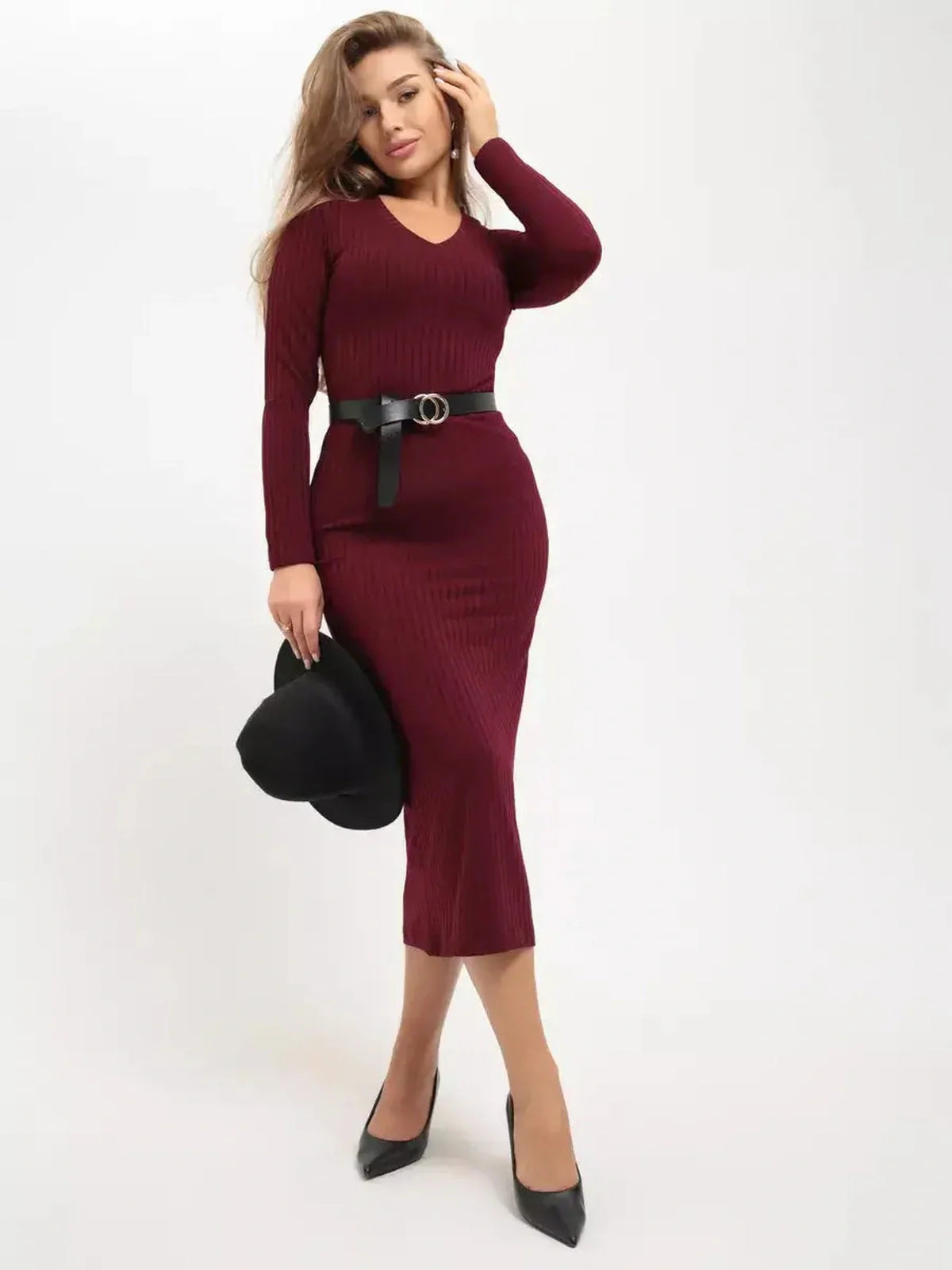 Sleek Merlot Grace Midi Dress with a belt, long sleeves, perfect for weddings, parties, and women's formal wear.