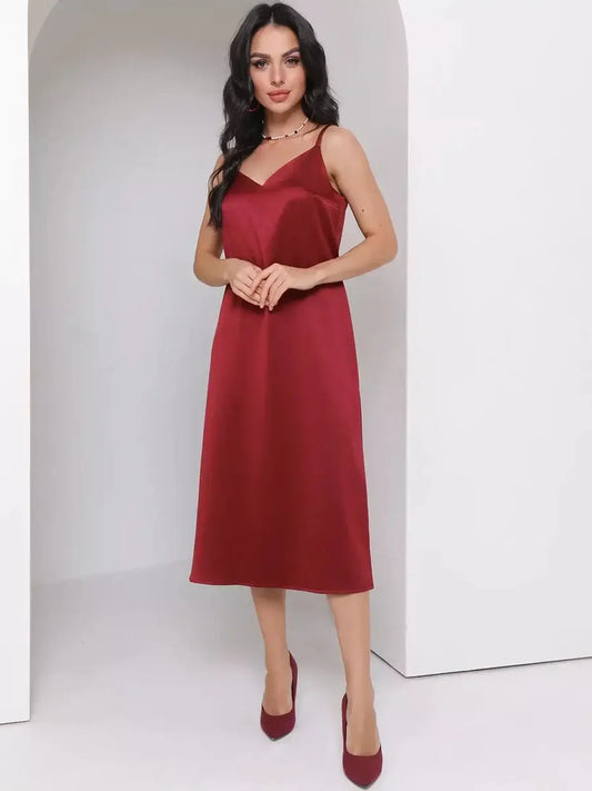 Elegant burgundy satin midi dress with adjustable straps, perfect for weddings, proms, and formal occasions.