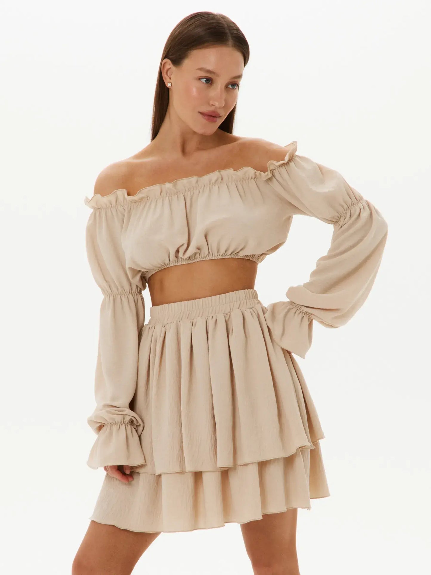 Ruffle Breeze Set - Off-Shoulder Crop Top and Tiered Skirt in Lightweight Blend, perfect for summer dresses and casual outings.