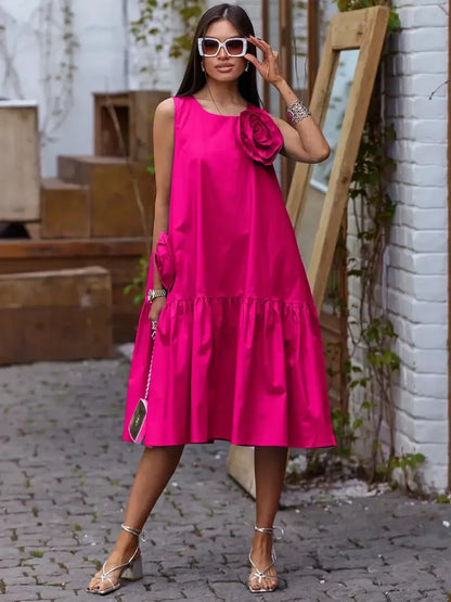 Bold fuchsia Rosette Charm Midi Dress with 3D floral accents, perfect for summer, weddings, and special occasions.