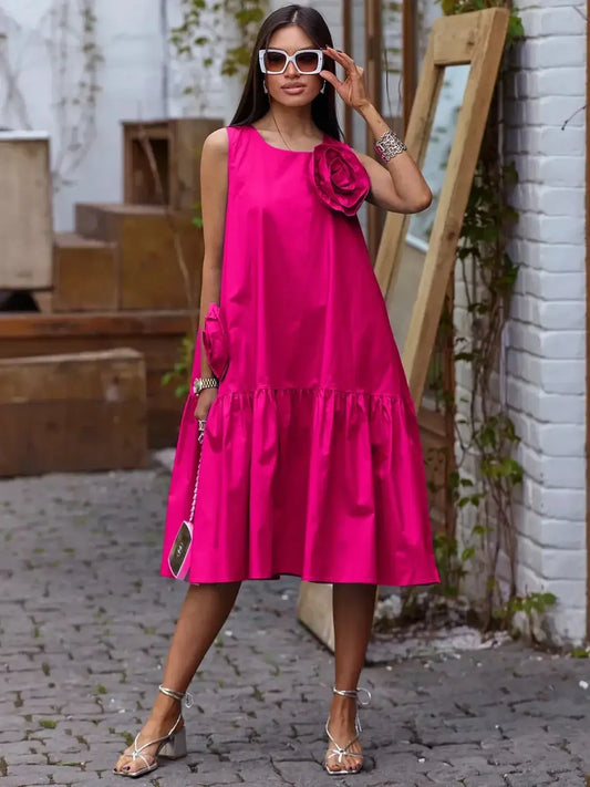 Bold fuchsia Rosette Charm Midi Dress with 3D floral accents, perfect for summer, weddings, and special occasions.