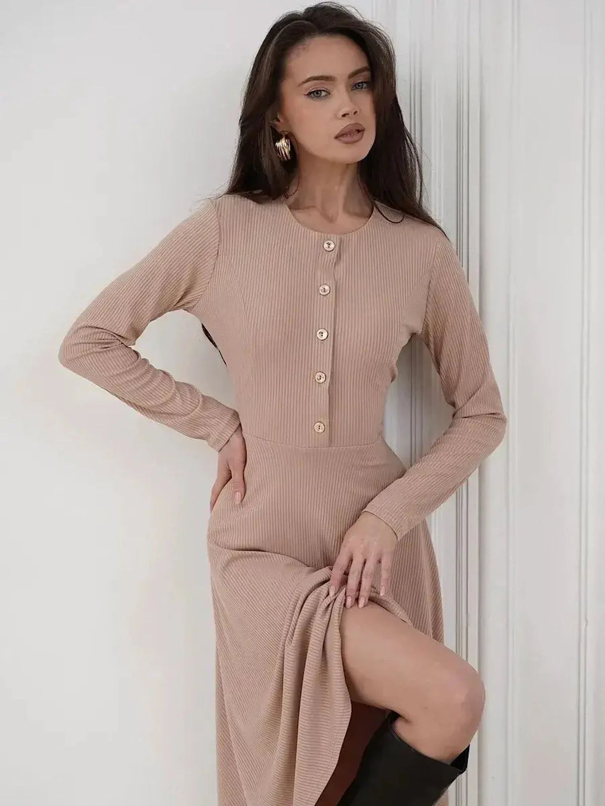 Sculpted Ease Midi Dress in beige ribbed knit with button accents, perfect for elegant occasions and everyday wear.