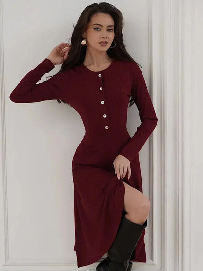 Crimson Grace Midi Dress in burgundy with gold button detail, perfect for formal events and casual outings.