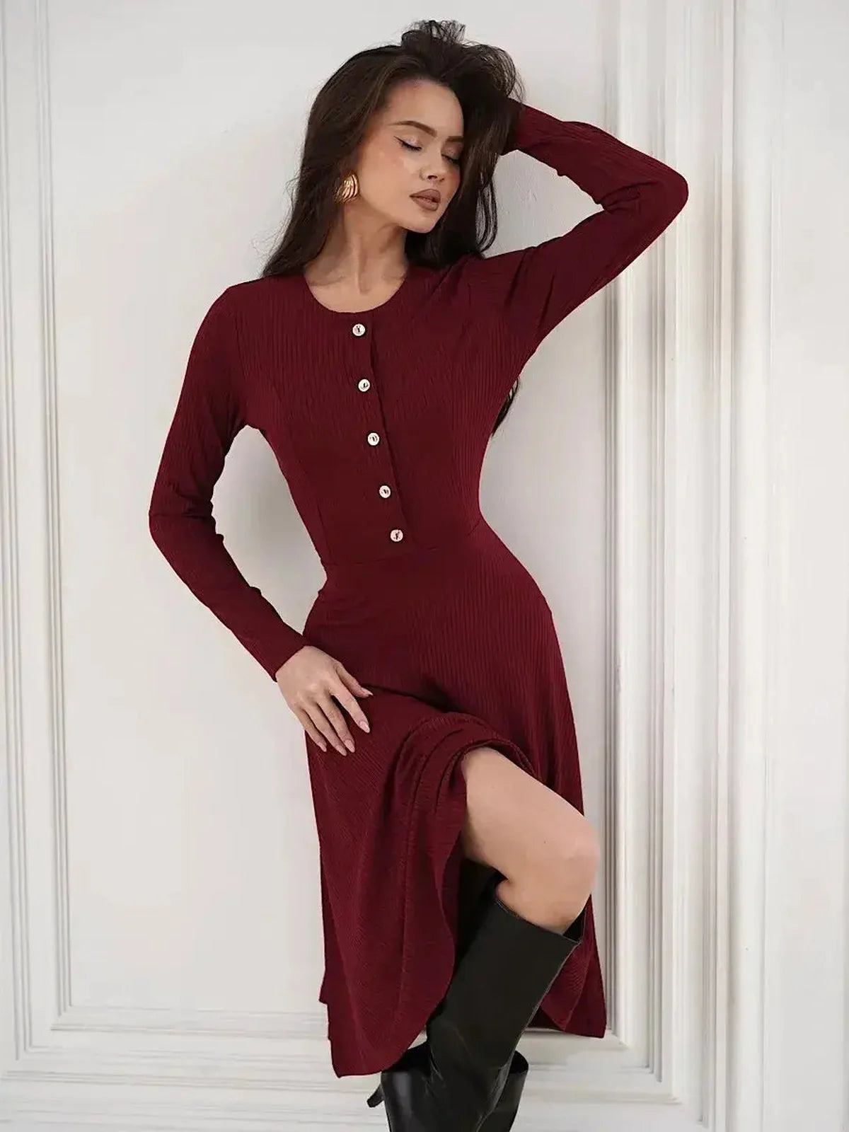 Crimson Grace Midi Dress in burgundy with gold button detail, perfect for weddings, parties, and casual wear.
