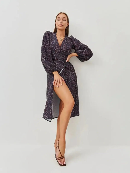 Midi Dress Nocturne Bloom with long sleeves and side slit, perfect for weddings, proms, and elegant occasions.