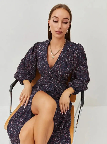 Elegant Midi Dress Nocturne Bloom with wrap silhouette and side slit, perfect for weddings and formal occasions.