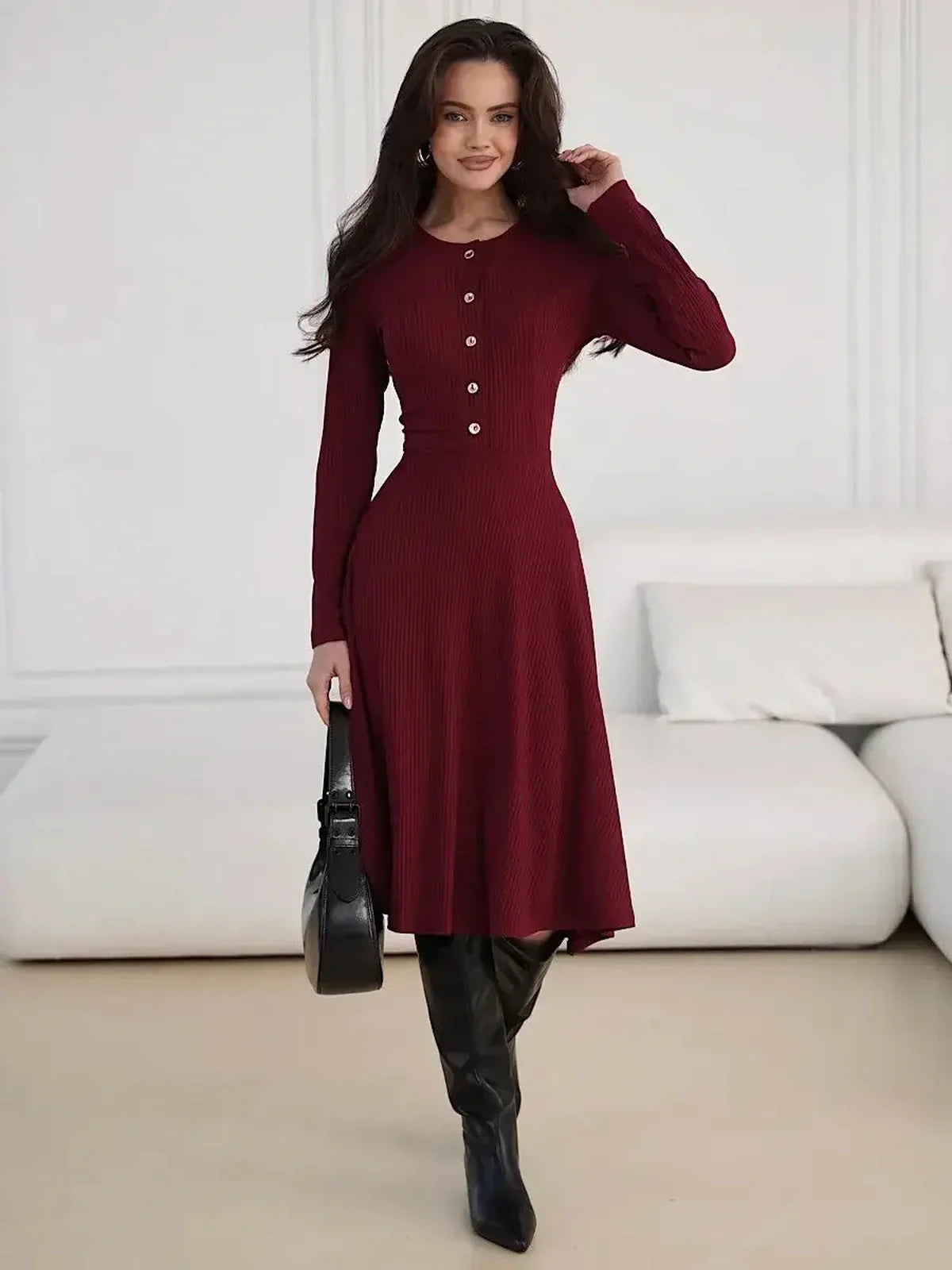Crimson Grace Midi Dress in burgundy with gold button detail, perfect for weddings, parties, and casual outings.