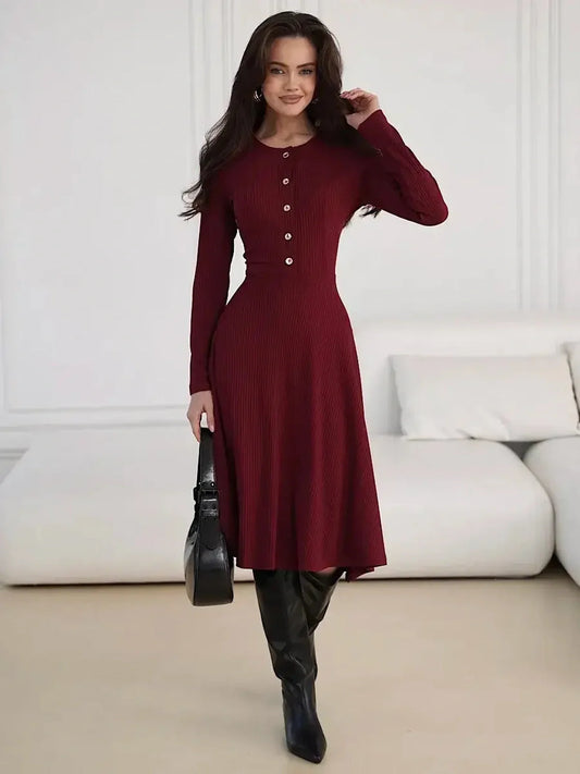 Crimson Grace Midi Dress in burgundy with gold button detail, perfect for weddings, parties, and casual outings.