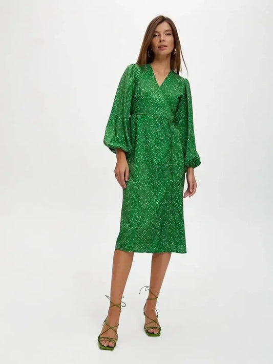 Elegant green midi dress with wrap design and balloon sleeves, perfect for summer events and weddings.