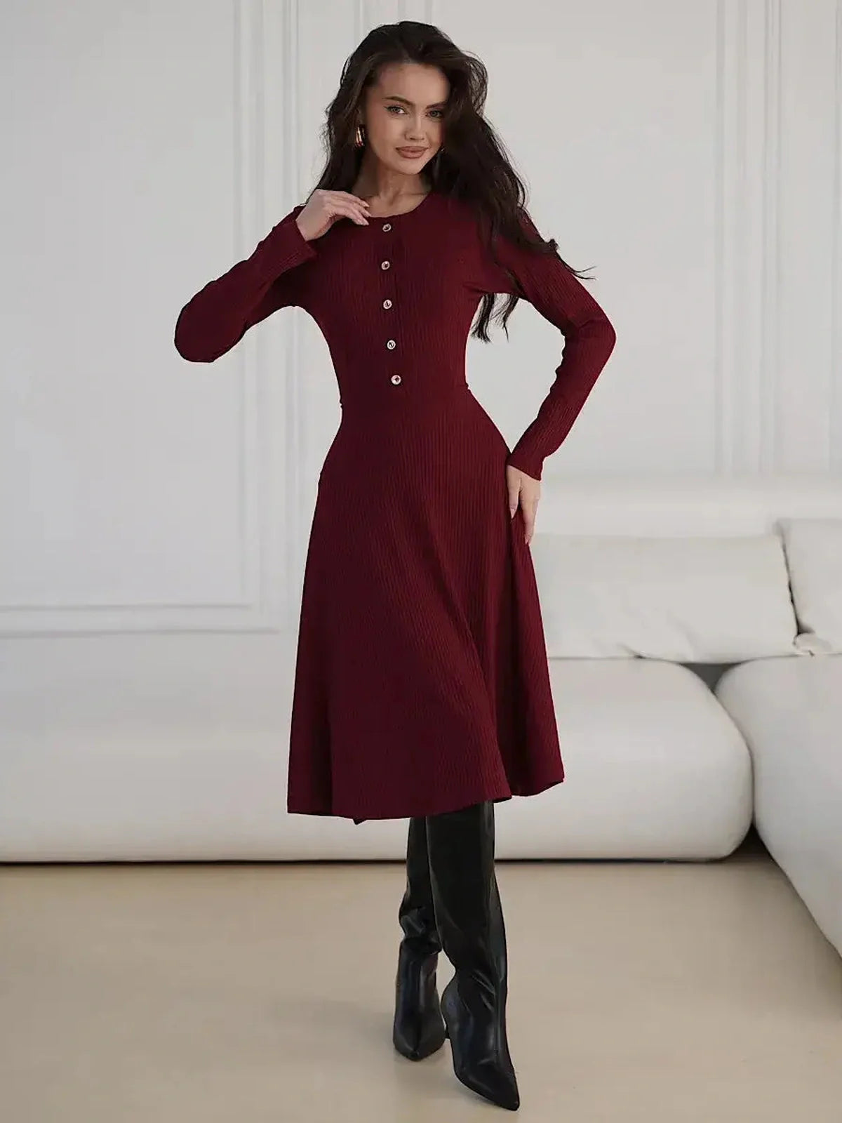 Crimson Grace Midi Dress in burgundy with gold buttons, perfect for weddings, homecoming, and cocktail events.