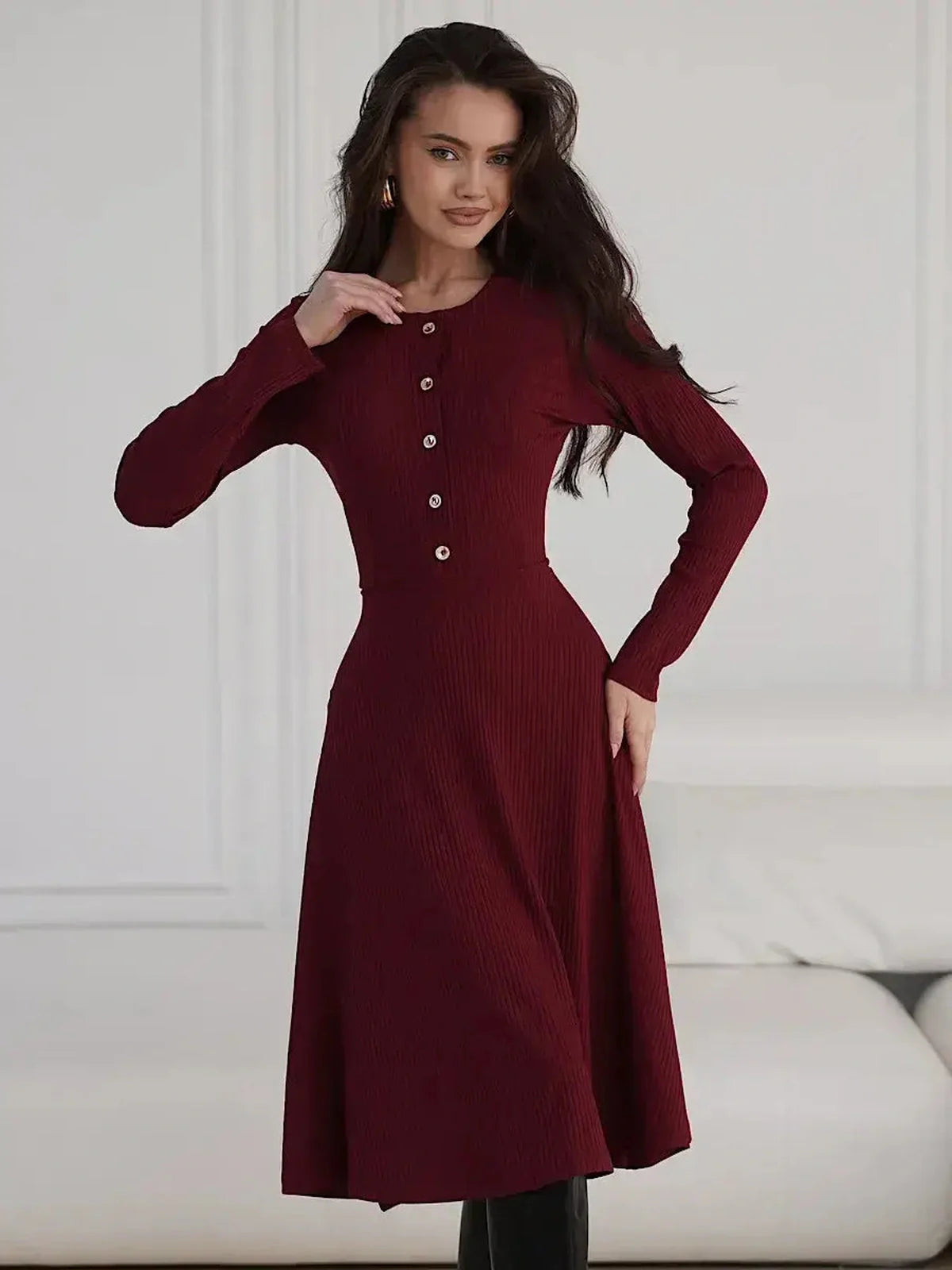 Crimson Grace Midi Dress featuring ribbed texture and gold button detail in burgundy, ideal for weddings and formal occasions.