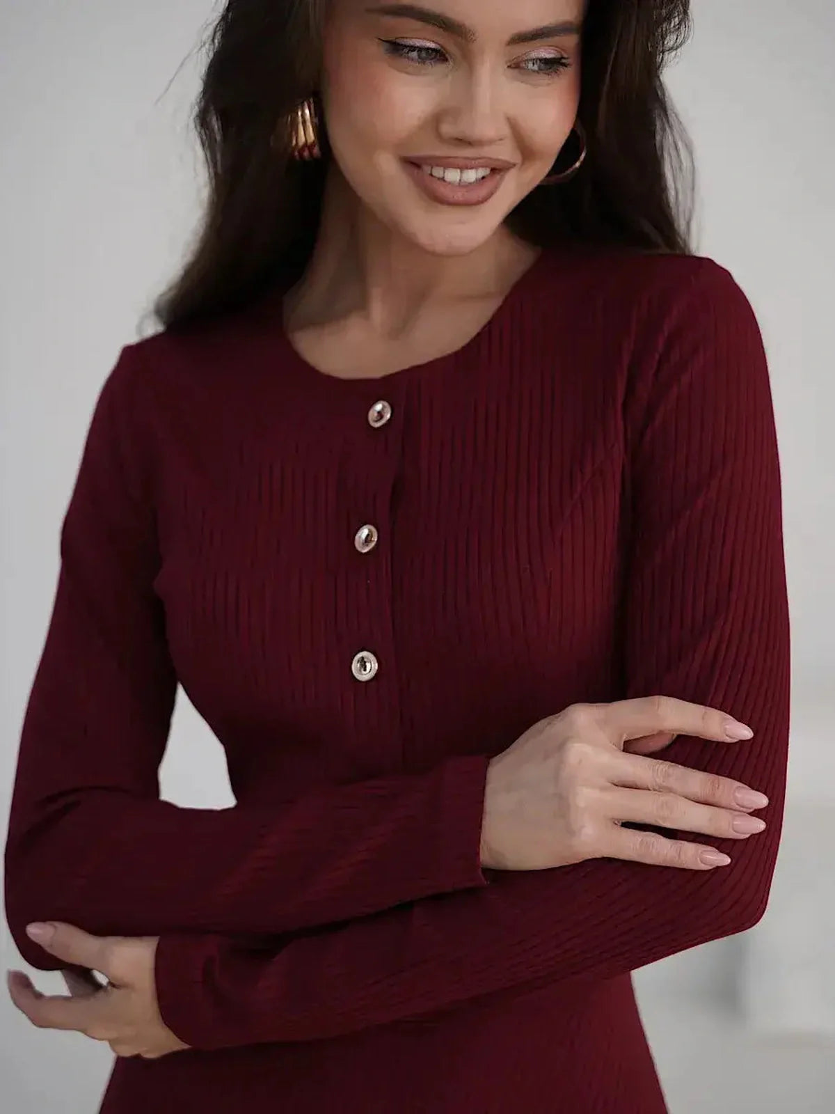 Crimson Grace Midi Dress featuring ribbed elegance and gold button detail, perfect for wedding guest and formal occasions.