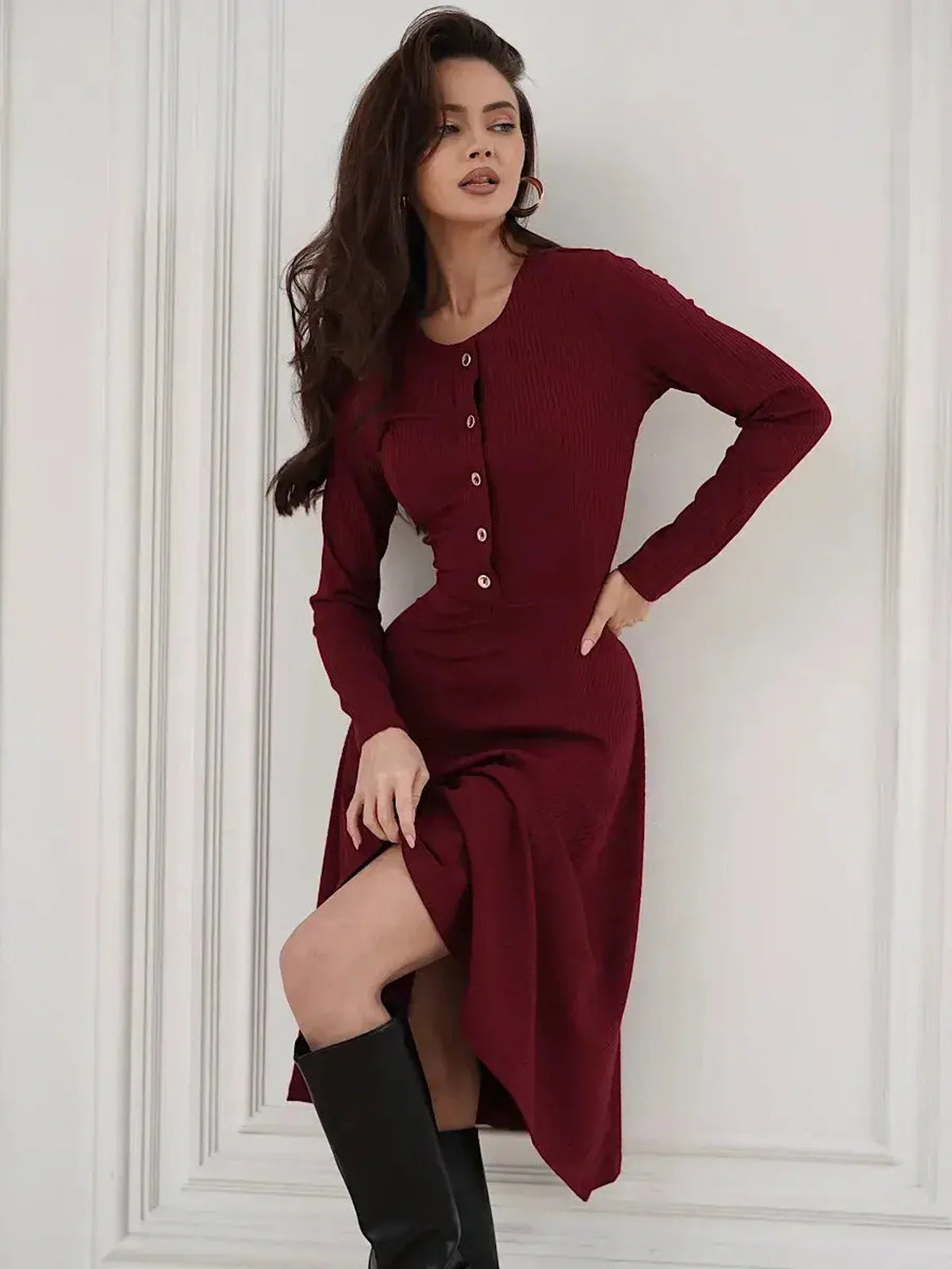 Crimson Grace Midi Dress featuring ribbed texture, gold button detail, and a chic burgundy color for versatile styling.
