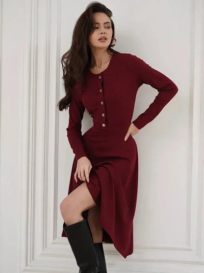 Crimson Grace Midi Dress featuring ribbed texture, gold button detail, and a chic burgundy color for versatile styling.