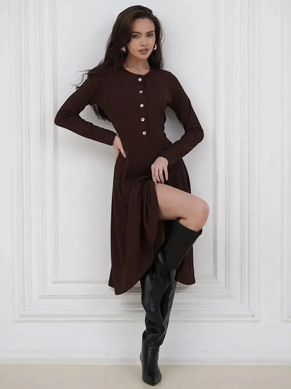 Elegant brown midi dress with button detailing, perfect for weddings, proms, and formal occasions. Flattering fit and stylish design.