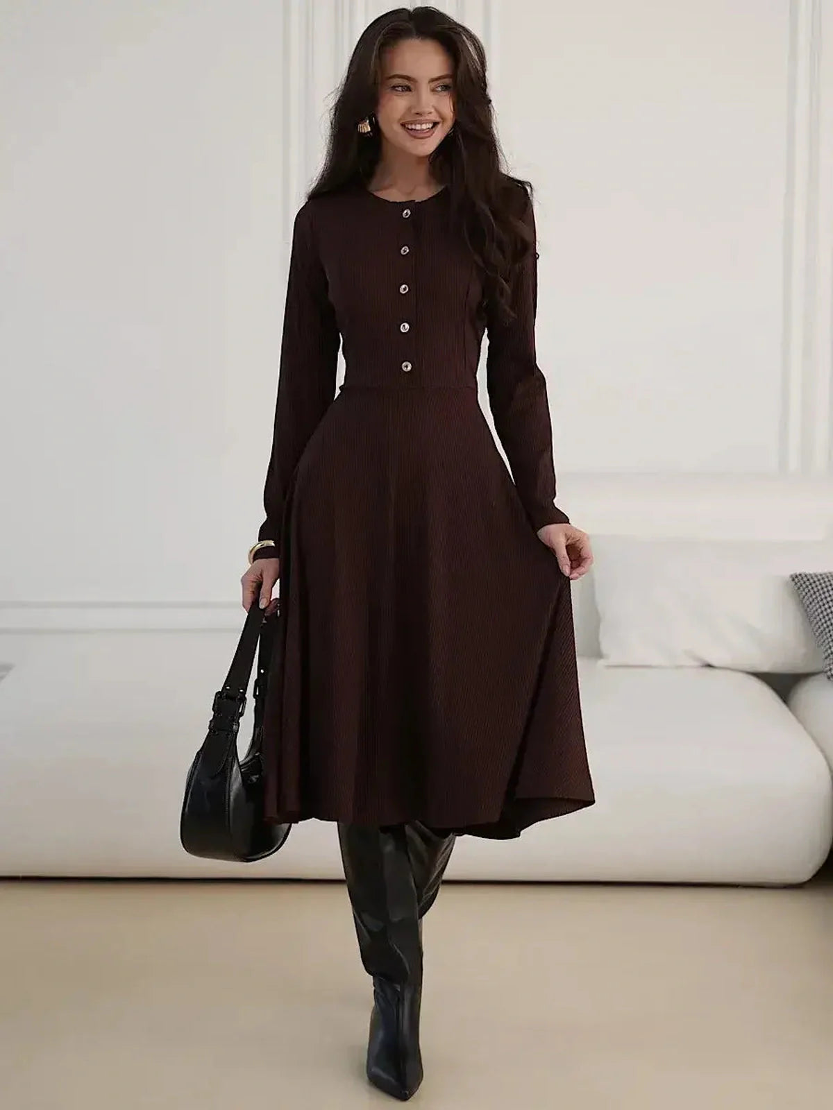 Elegant brown midi dress with button detailing, perfect for weddings, parties, and casual outings.