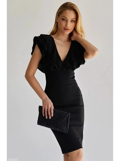 Elegant black mini dress with layered ruffle sleeves and deep V-neckline, perfect for weddings and formal events.
