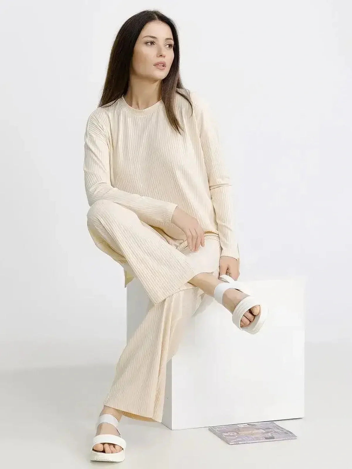 Soft Ribbed Set in beige melange, featuring an oversized silhouette for effortless lounging and stylish comfort.